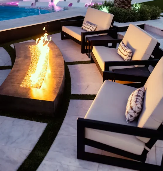 ocean mini loveseats around lit fire pit